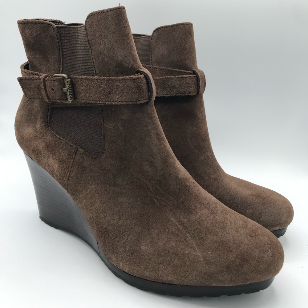 Lauren Ralph Lauren Yasline Chocolate Brown Suede Wedge Ankle Booties Women's 11